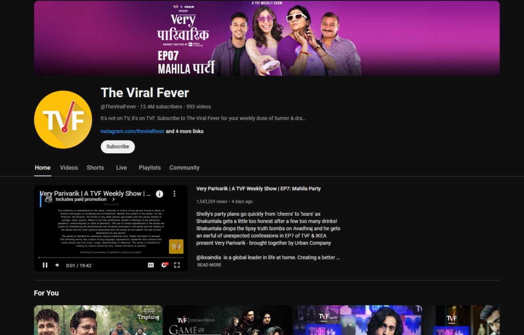 TVF is a leading Indian digital entertainment company that has mastered the art of creating compelling web series and sketches. 