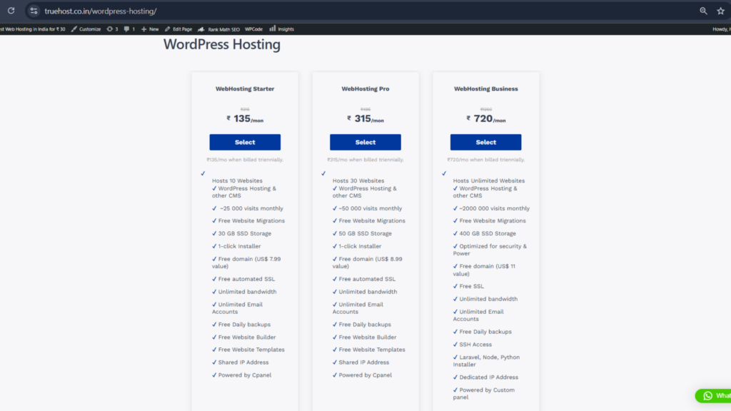 WordPress Hosting Truehost Plans
