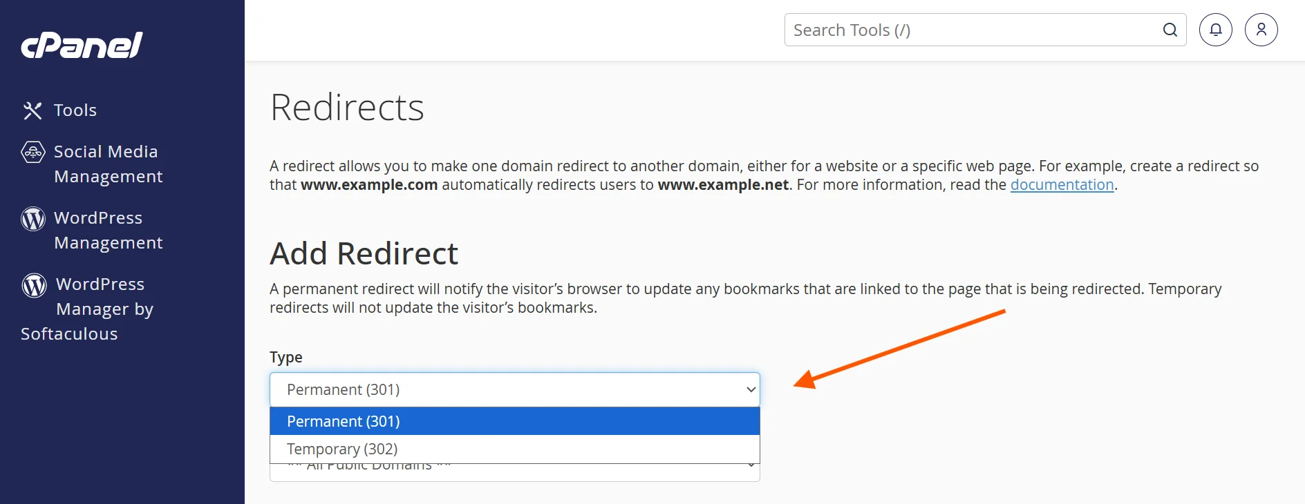How To Set Up a Domain Redirect in cPanel 3 cpanel-select-redirect