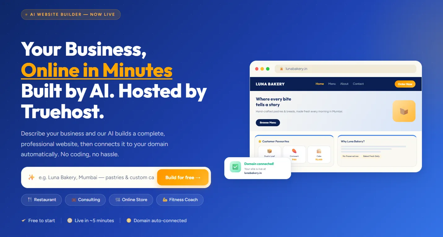 Your Business,
Online in Minutes
Built by AI. Hosted by Truehost.
