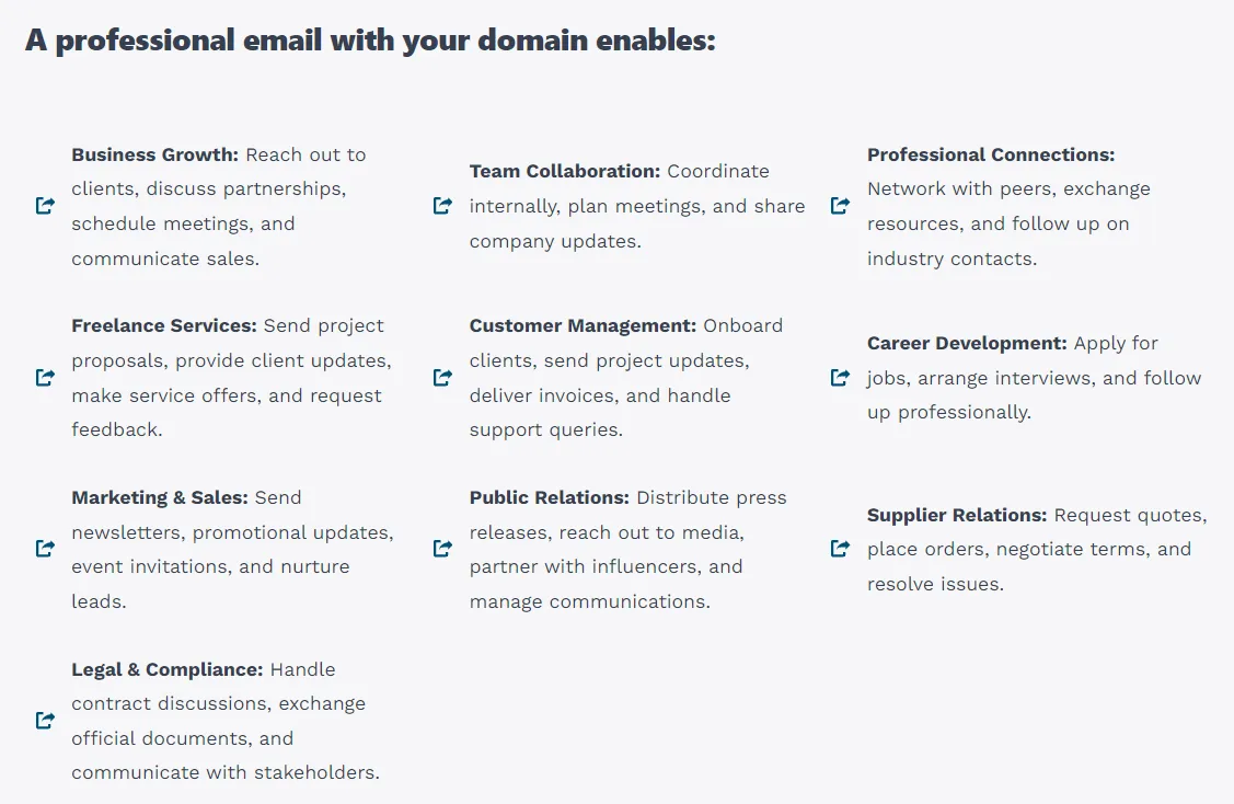 A professional email with your domain enables:
Business Growth: Reach out