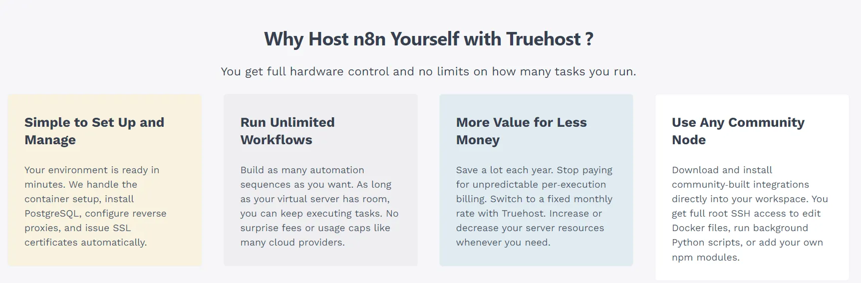 Why Host n8n Yourself with Truehost ?
You get full hardware control and no limits on how many tasks you run.